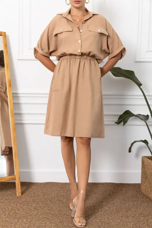 Kadın Vizon Yarasa Kol Cepli Beli Lastikli Elbise ARM-23Y001076-Vizon - 3