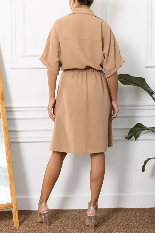 Kadın Vizon Yarasa Kol Cepli Beli Lastikli Elbise ARM-23Y001076-Vizon - 4