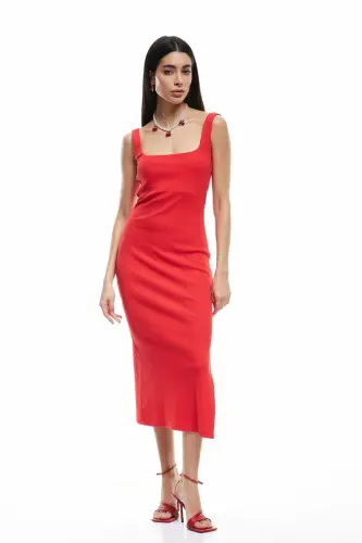 Kadın X Sibil Çetinkaya - Pamuklu Yırtmaç Detaylı Slim Fit Kare Yaka Askılı Elbise 5SA - KIRMIZI - 1