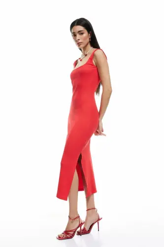 Kadın X Sibil Çetinkaya - Pamuklu Yırtmaç Detaylı Slim Fit Kare Yaka Askılı Elbise 5SA - KIRMIZI - 2