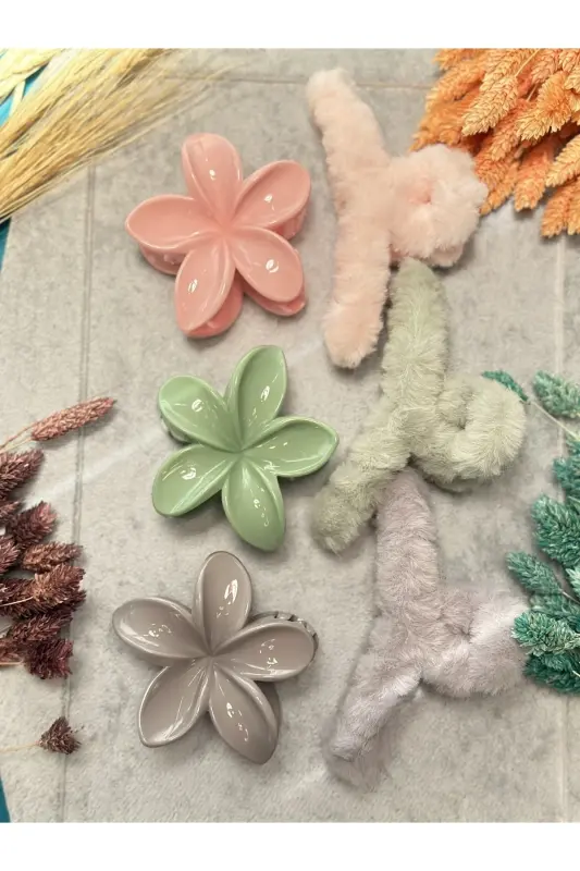 Kadın Xl 3'lü Peluş Tüylü 3'lü Pastel Lotus Büyük Boy 6'lı Zarif Kışlık Mandal Toka - yeşil - PREGIO