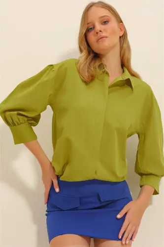 Kadın Yağ Yeşili Balon Kol Gizli Patlı Basic Poplin Gömlek ALC-X9654 - YAĞ YEŞİLİ - 3