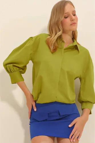 Kadın Yağ Yeşili Balon Kol Gizli Patlı Basic Poplin Gömlek ALC-X9654 - YAĞ YEŞİLİ - 4