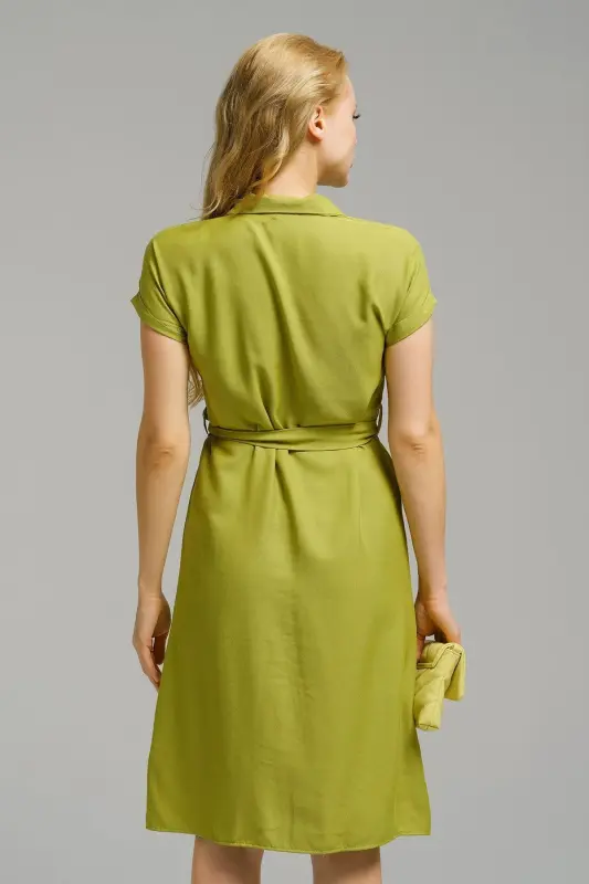 Kadın Yağ Yeşili Beli Kemerli Kısa Kol Gömlek Elbise ARM-19Y001068-Yağ Yeşili - 4