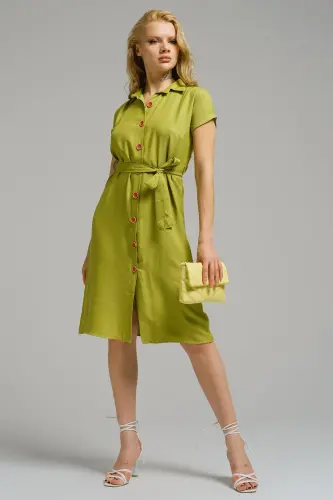 Kadın Yağ Yeşili Beli Kemerli Kısa Kol Gömlek Elbise ARM-19Y001068-Yağ Yeşili 