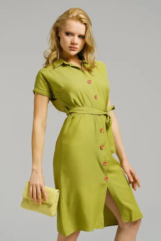 Kadın Yağ Yeşili Beli Kemerli Kısa Kol Gömlek Elbise ARM-19Y001068-Yağ Yeşili - 2