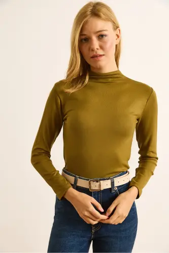 Kadın Yağ Yeşili Dik Yaka Dökümlü Soft Touch Bluz BLZ-19002758-Yağ Yeşili - 3