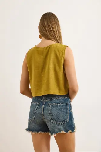 Kadın Yağ Yeşili Flam Keten Crop Bluz BLZ-19002925-Yağ Yeşili - 2