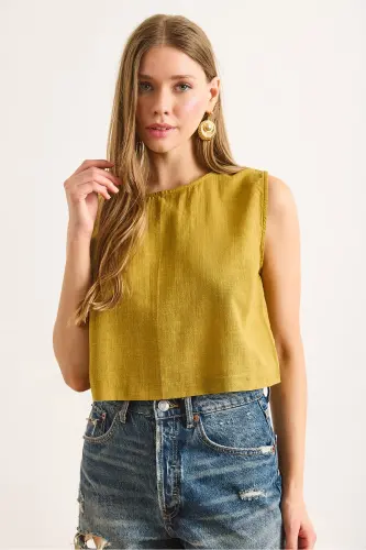 Kadın Yağ Yeşili Flam Keten Crop Bluz BLZ-19002925-Yağ Yeşili - 5