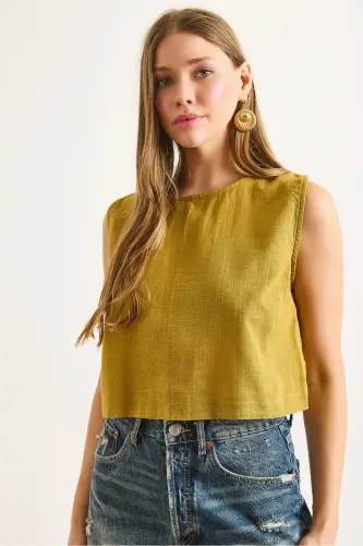 Kadın Yağ Yeşili Flam Keten Crop Bluz BLZ-19002925-Yağ Yeşili - 6