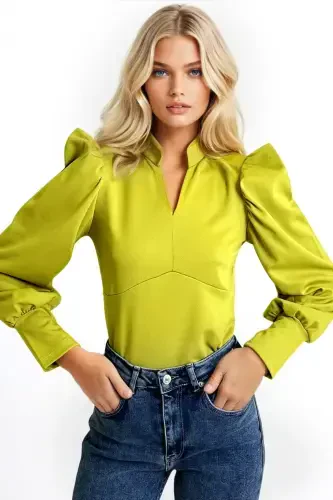 Kadın Yağ Yeşili Hakim Yaka Prenses Kol Dokuma Crop Bluz ALC-X9659-YAĞ YEŞİLİ - TREND ALAÇATI STILI (1)