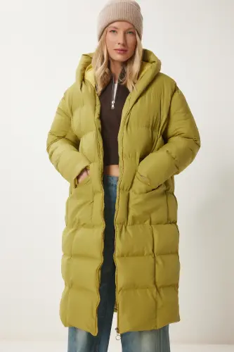 Kadın Yağ Yeşili Kapüşonlu Oversize Uzun Şişme Kaban NT00428-Yağ Yeşili - 2