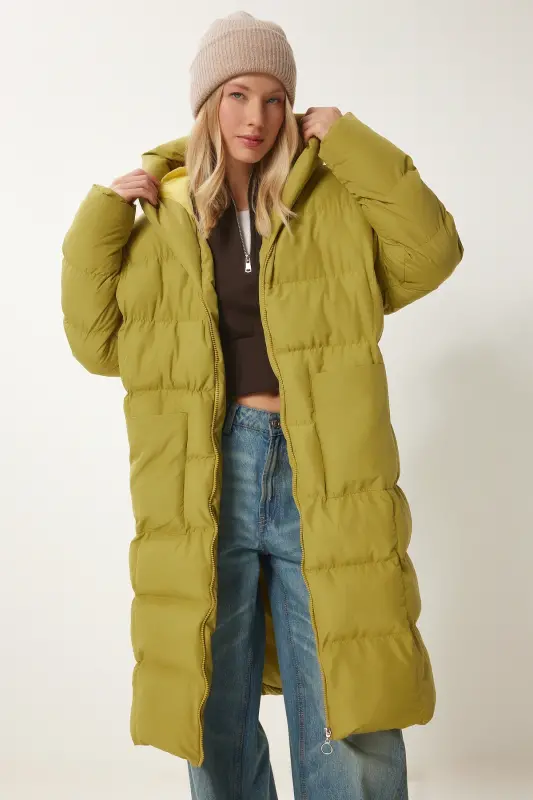 Kadın Yağ Yeşili Kapüşonlu Oversize Uzun Şişme Kaban NT00428-Yağ Yeşili - 3
