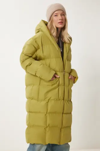 Kadın Yağ Yeşili Kapüşonlu Oversize Uzun Şişme Kaban NT00428-Yağ Yeşili - 4