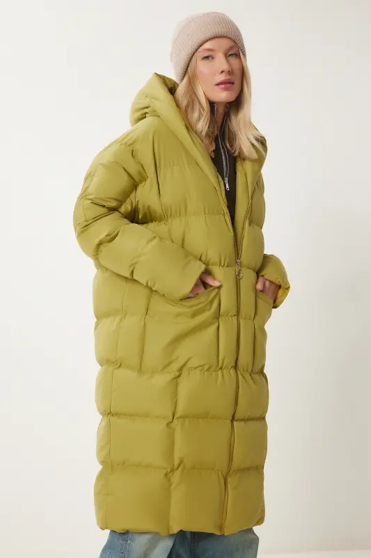 Kadın Yağ Yeşili Kapüşonlu Oversize Uzun Şişme Kaban NT00428-Yağ Yeşili - 4
