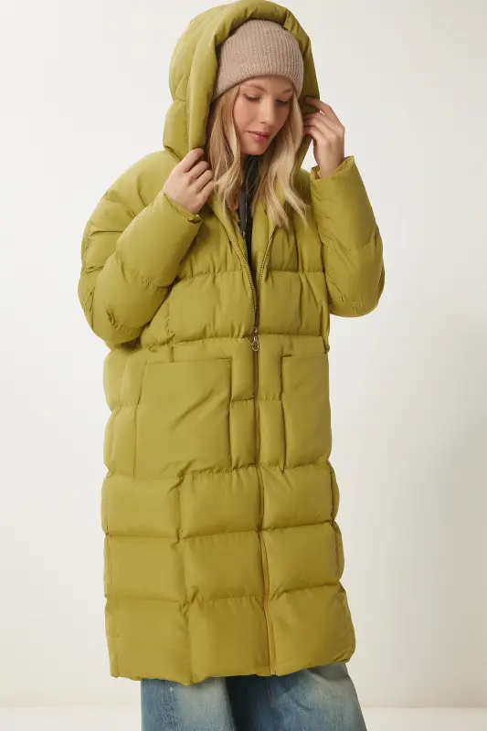 Kadın Yağ Yeşili Kapüşonlu Oversize Uzun Şişme Kaban NT00428-Yağ Yeşili - 5