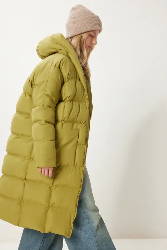 Kadın Yağ Yeşili Kapüşonlu Oversize Uzun Şişme Kaban NT00428-Yağ Yeşili - 6