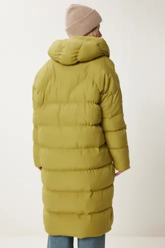 Kadın Yağ Yeşili Kapüşonlu Oversize Uzun Şişme Kaban NT00428-Yağ Yeşili - 8