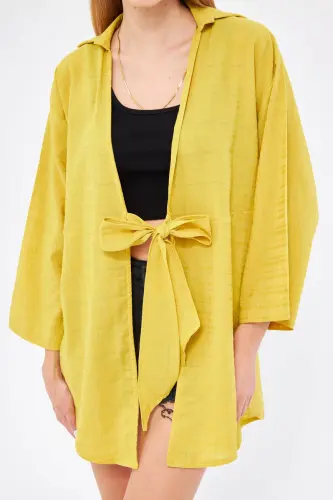 Kadın Yağ Yeşili Kendinden Çizgili Önden Bağlamalı Kimono Gömlek ARM-24Y001101-Yağ Yeşili - ARMONIKA (1)