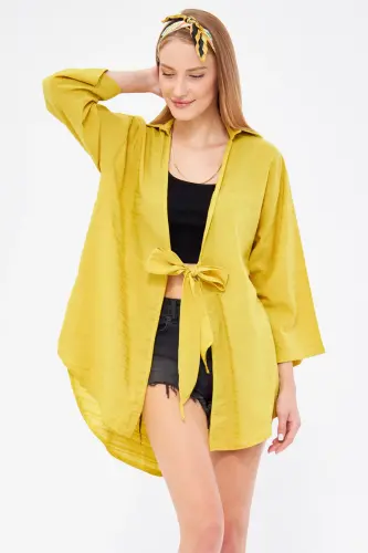 Kadın Yağ Yeşili Kendinden Çizgili Önden Bağlamalı Kimono Gömlek ARM-24Y001101-Yağ Yeşili 