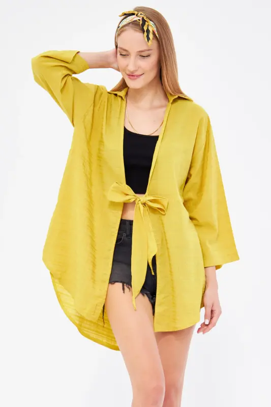 Kadın Yağ Yeşili Kendinden Çizgili Önden Bağlamalı Kimono Gömlek ARM-24Y001101-Yağ Yeşili - 1