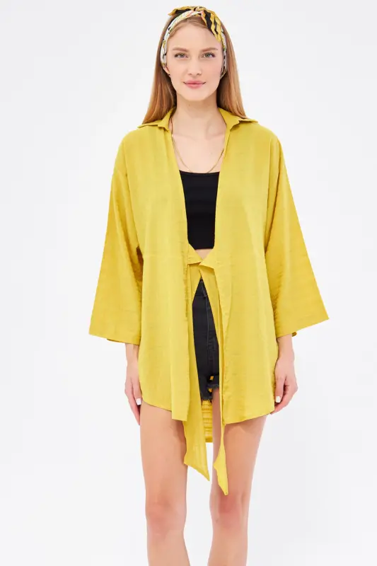 Kadın Yağ Yeşili Kendinden Çizgili Önden Bağlamalı Kimono Gömlek ARM-24Y001101-Yağ Yeşili - 3