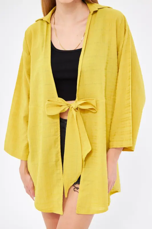 Kadın Yağ Yeşili Kendinden Çizgili Önden Bağlamalı Kimono Gömlek ARM-24Y001101-Yağ Yeşili - 2