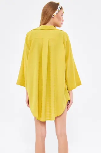 Kadın Yağ Yeşili Kendinden Çizgili Önden Bağlamalı Kimono Gömlek ARM-24Y001101-Yağ Yeşili - 4