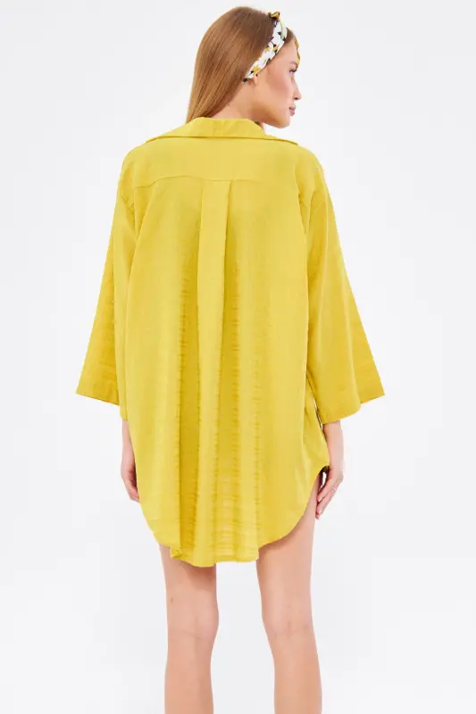 Kadın Yağ Yeşili Kendinden Çizgili Önden Bağlamalı Kimono Gömlek ARM-24Y001101-Yağ Yeşili - 4