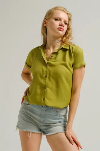 Kadın Yağ Yeşili Kısa Kol Gömlek ARM-19Y001065-Yağ Yeşili 