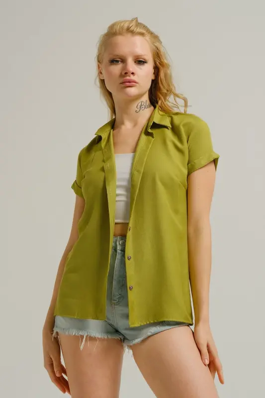 Kadın Yağ Yeşili Kısa Kol Gömlek ARM-19Y001065-Yağ Yeşili - 2