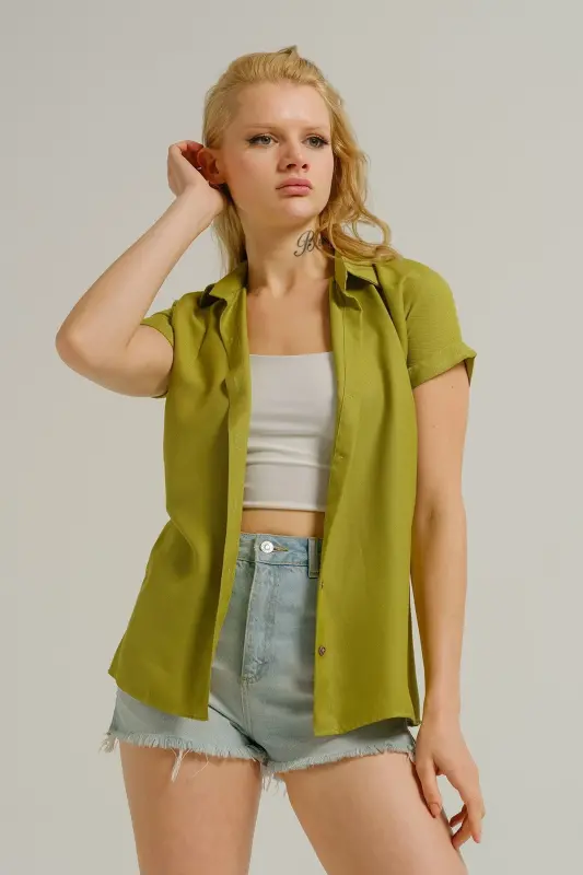 Kadın Yağ Yeşili Kısa Kol Gömlek ARM-19Y001065-Yağ Yeşili - 3