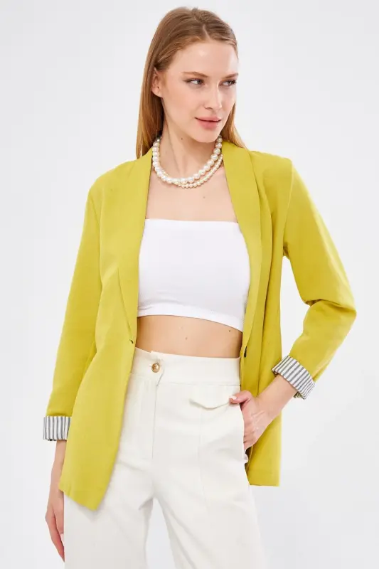 Kadın Yağ Yeşili Kol İçi Çizgili Tek Düğmeli Ceket ARM-22K001122-Yağ Yeşili - 1