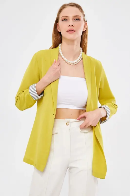 Kadın Yağ Yeşili Kol İçi Çizgili Tek Düğmeli Ceket ARM-22K001122-Yağ Yeşili - 4