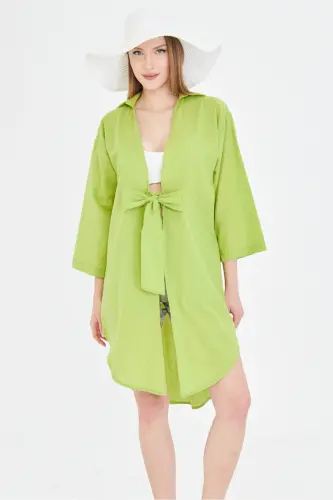 Kadın Yağ Yeşili Önden Bağlamalı İnce Keten Kumaş Midi Boy Kimono Gömlek ARM-24Y001081 - Yağ Yeşili - 2