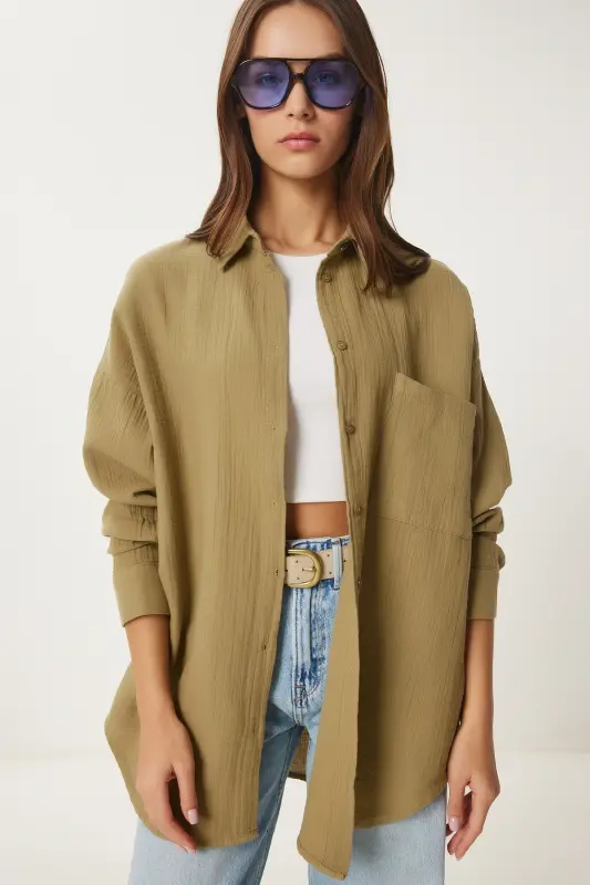 Kadın Yağ Yeşili Oversize Basic Müslin Gömlek MX00150-Yağ Yeşili - 2