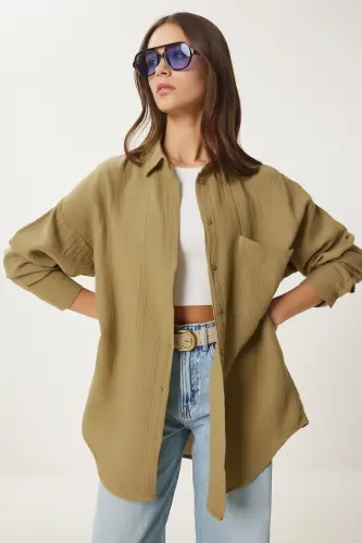 Kadın Yağ Yeşili Oversize Basic Müslin Gömlek MX00150-Yağ Yeşili - 3