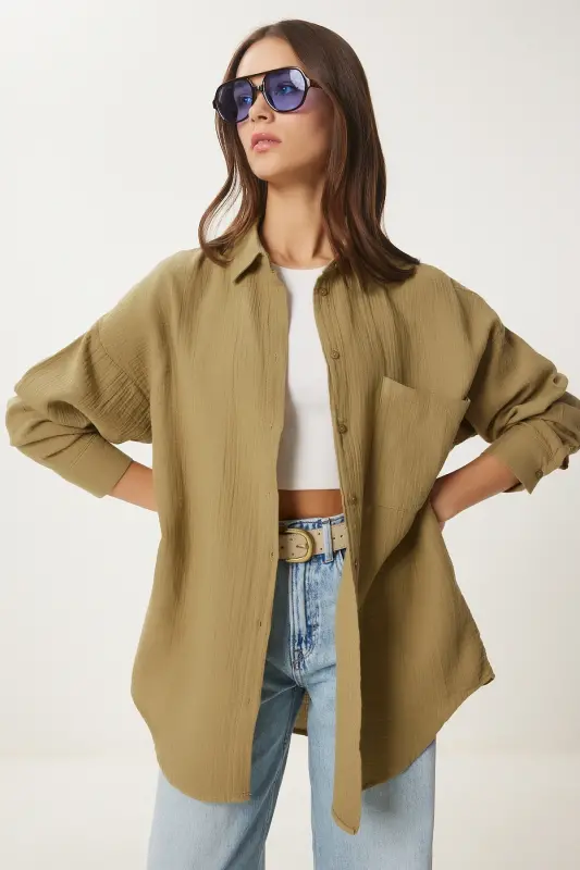 Kadın Yağ Yeşili Oversize Basic Müslin Gömlek MX00150-Yağ Yeşili - 3