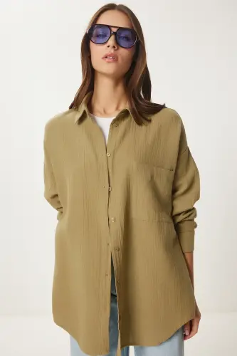 Kadın Yağ Yeşili Oversize Basic Müslin Gömlek MX00150-Yağ Yeşili - 4