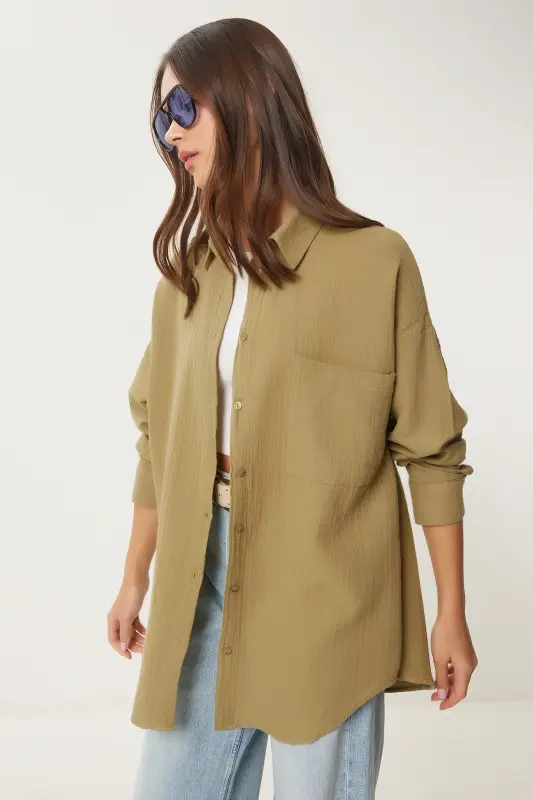 Kadın Yağ Yeşili Oversize Basic Müslin Gömlek MX00150-Yağ Yeşili - 5