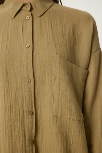 Kadın Yağ Yeşili Oversize Basic Müslin Gömlek MX00150-Yağ Yeşili - 6