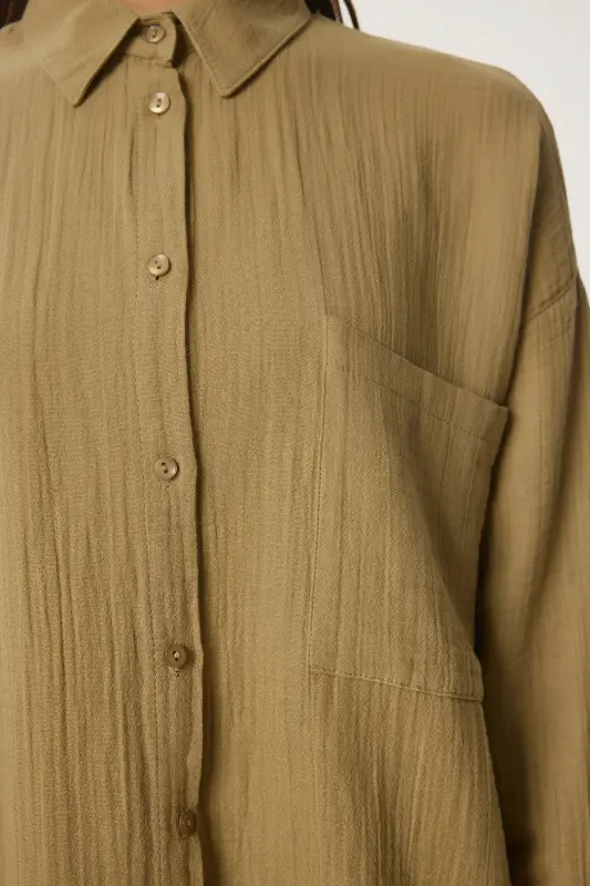 Kadın Yağ Yeşili Oversize Basic Müslin Gömlek MX00150-Yağ Yeşili - 6