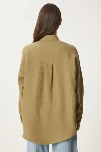Kadın Yağ Yeşili Oversize Basic Müslin Gömlek MX00150-Yağ Yeşili - 7