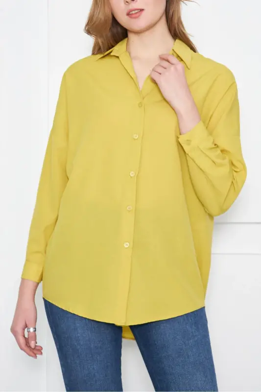 Kadın Yağ Yeşili Oversize Uzun Basic Gömlek ARM-22Y001118-Yağ Yeşili - 1