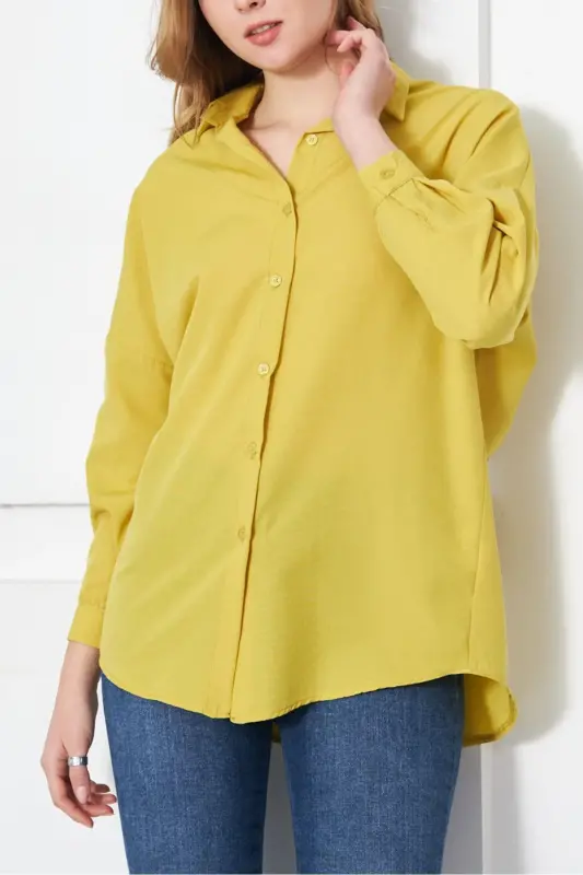 Kadın Yağ Yeşili Oversize Uzun Basic Gömlek ARM-22Y001118-Yağ Yeşili - 2