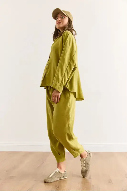Kadın Yağ Yeşili Üst Gömlek Alt Şalvar Pantolon Modal Takım TKM-19000399 - 5
