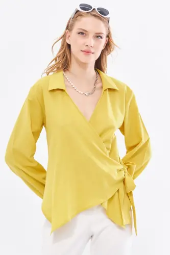 Kadın Yağ Yeşili Yakalı Kruvaze Bluz ARM-22Y024025-Yağ Yeşili - 1