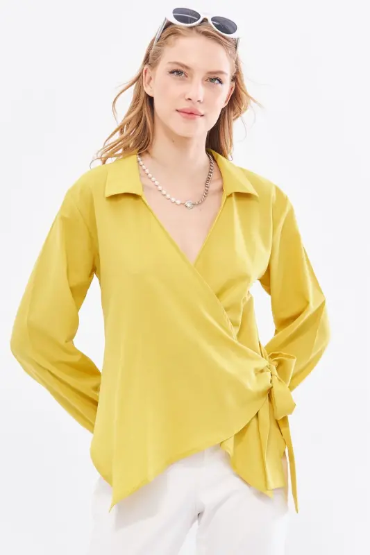 Kadın Yağ Yeşili Yakalı Kruvaze Bluz ARM-22Y024025-Yağ Yeşili - 1