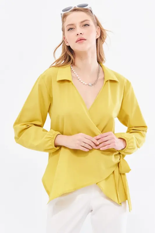 Kadın Yağ Yeşili Yakalı Kruvaze Bluz ARM-22Y024025-Yağ Yeşili - 3