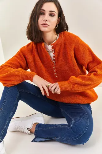 Kadın Yakası İlikli Balıkçı Yaka Çizgili Triko Kazak 20223207 - Kiremit - 8